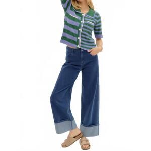 NEW ENTRO cuffed ankle wide hemmed pants in blue